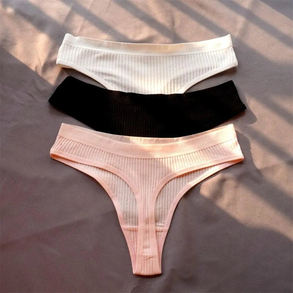 3Pcs Cotton Ribbed Underwear For Ladies Solid Color V Shape Thong